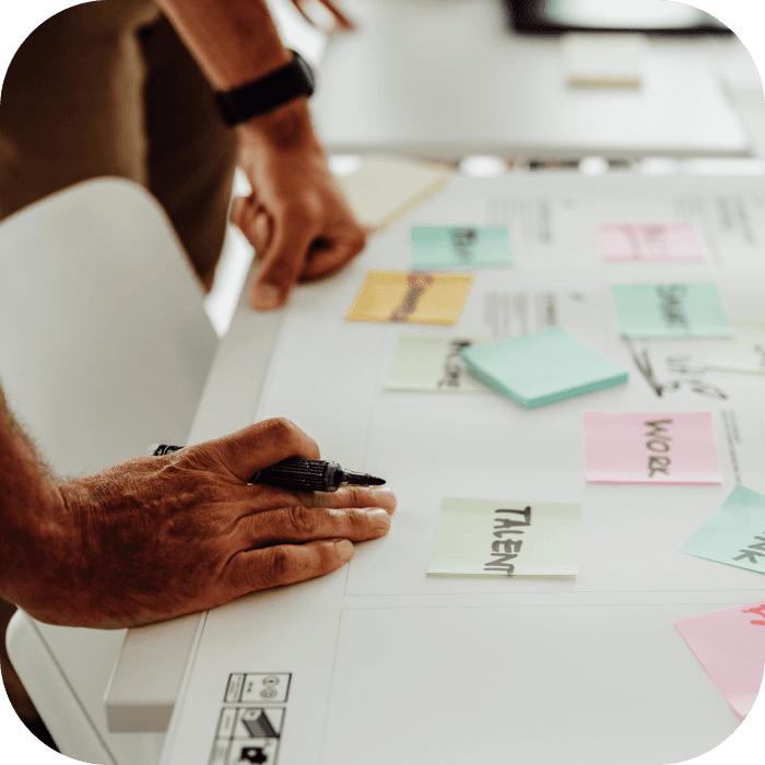 On colorful sticky notes, we describe our strengths at fireup.pro. As a software development company develops web and mobile applications, we combine technology and business aspects. It's always a process that involves the entire team of experts.