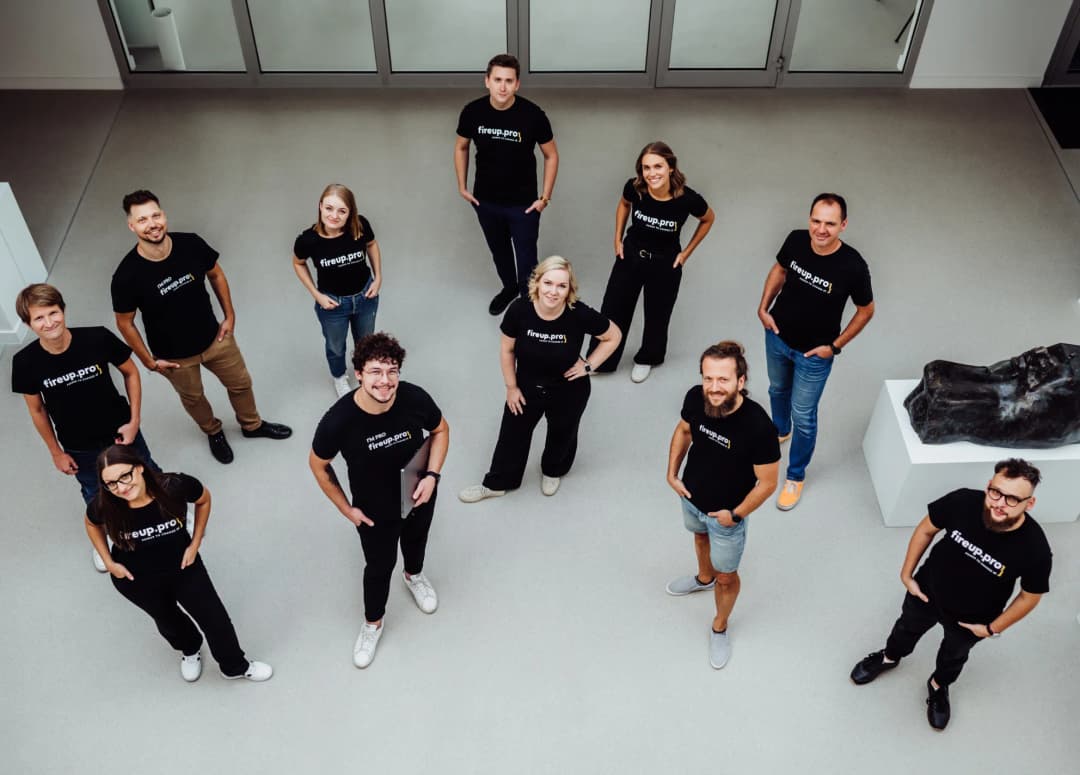 In the photo, you'll find our team consisting of senior developers, testers, and architects—all wearing black fireup.pro shirts—offering their expertise and consulting services in data processing.